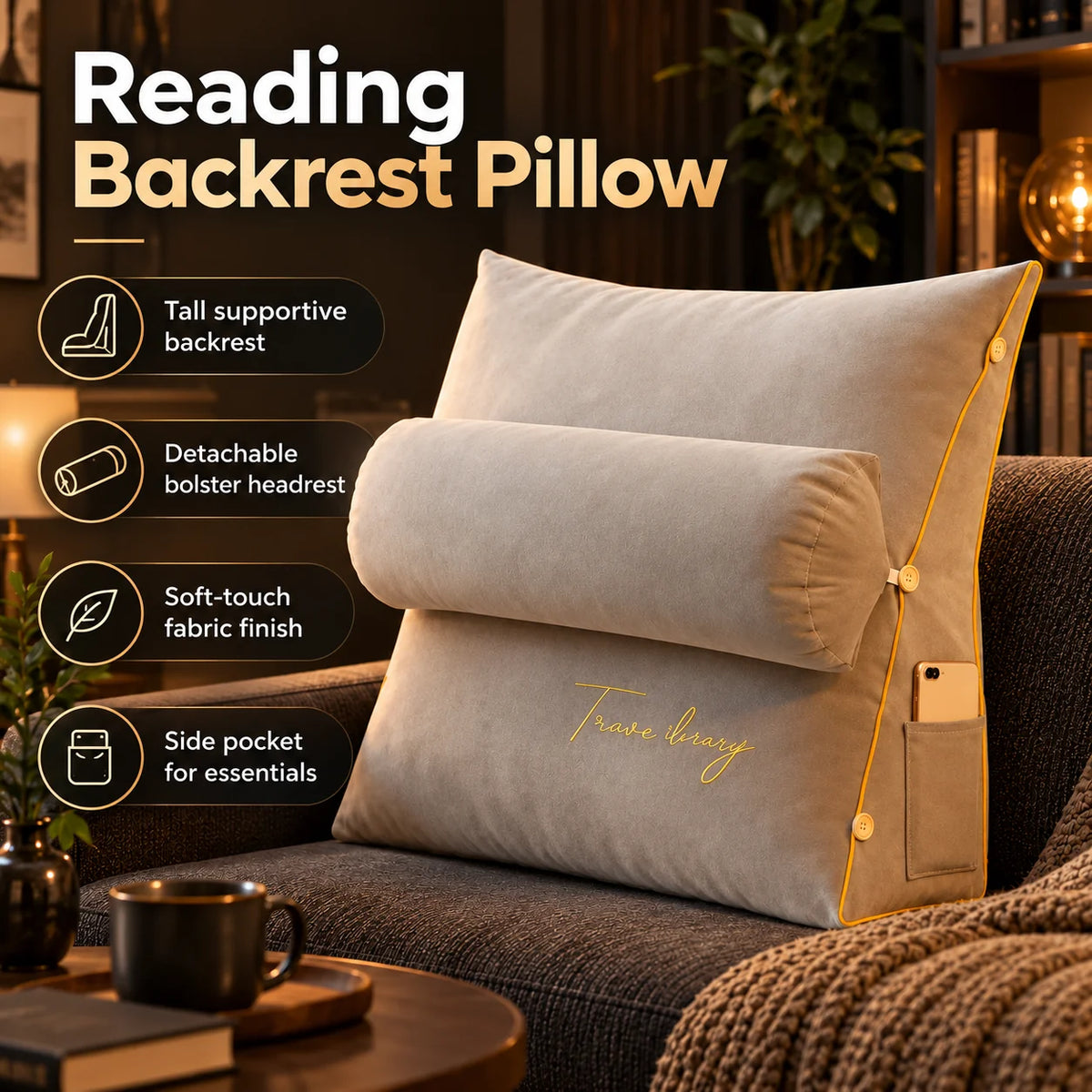 Backrest Reading Pillow Detachable Support Cushion & Side Pockets