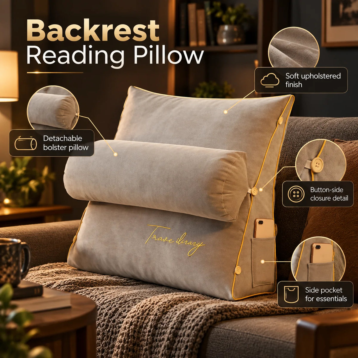 Backrest Reading Pillow Detachable Support Cushion & Side Pockets
