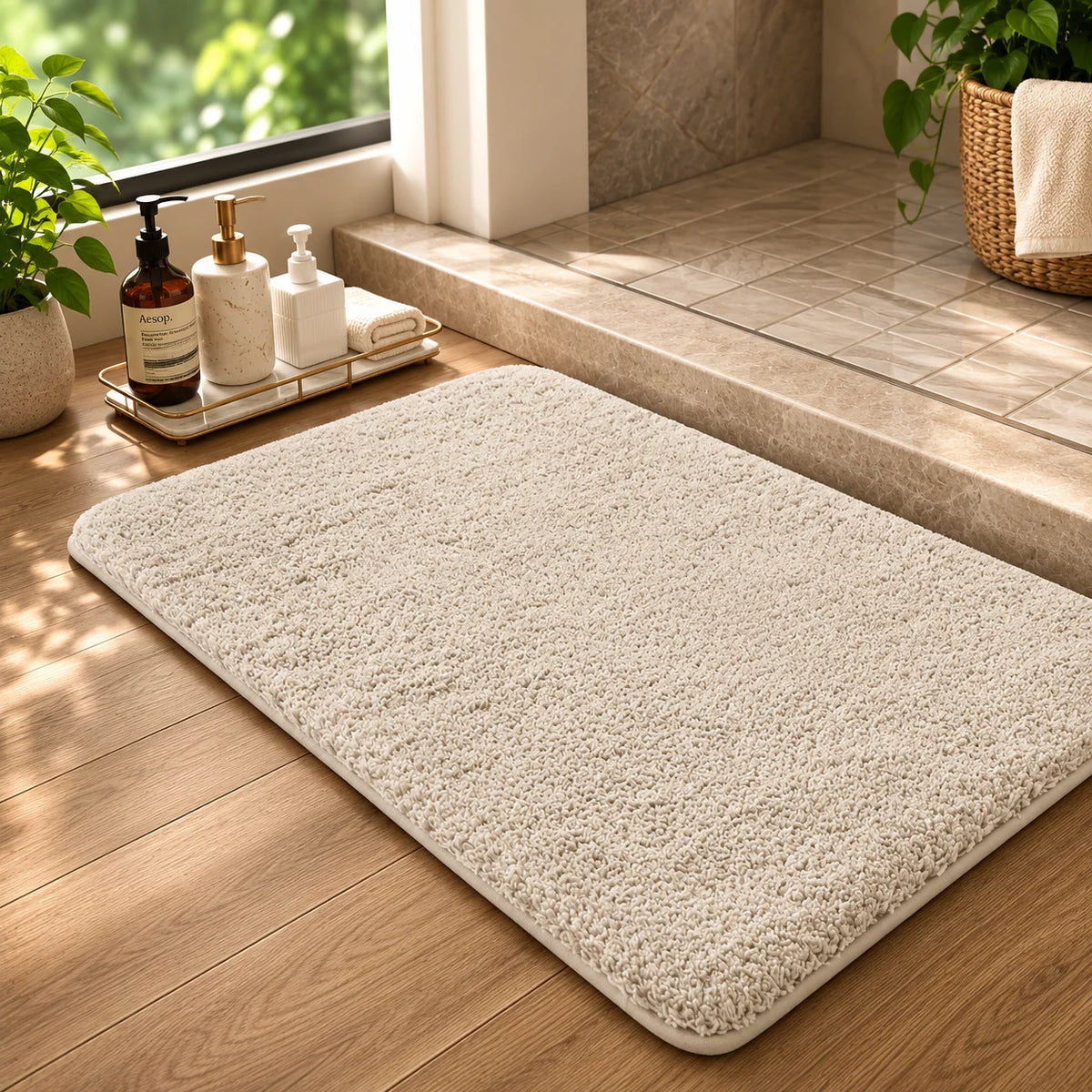 Bath Mat Plush Long-Pile Polyester Non-Slip Machine Washable