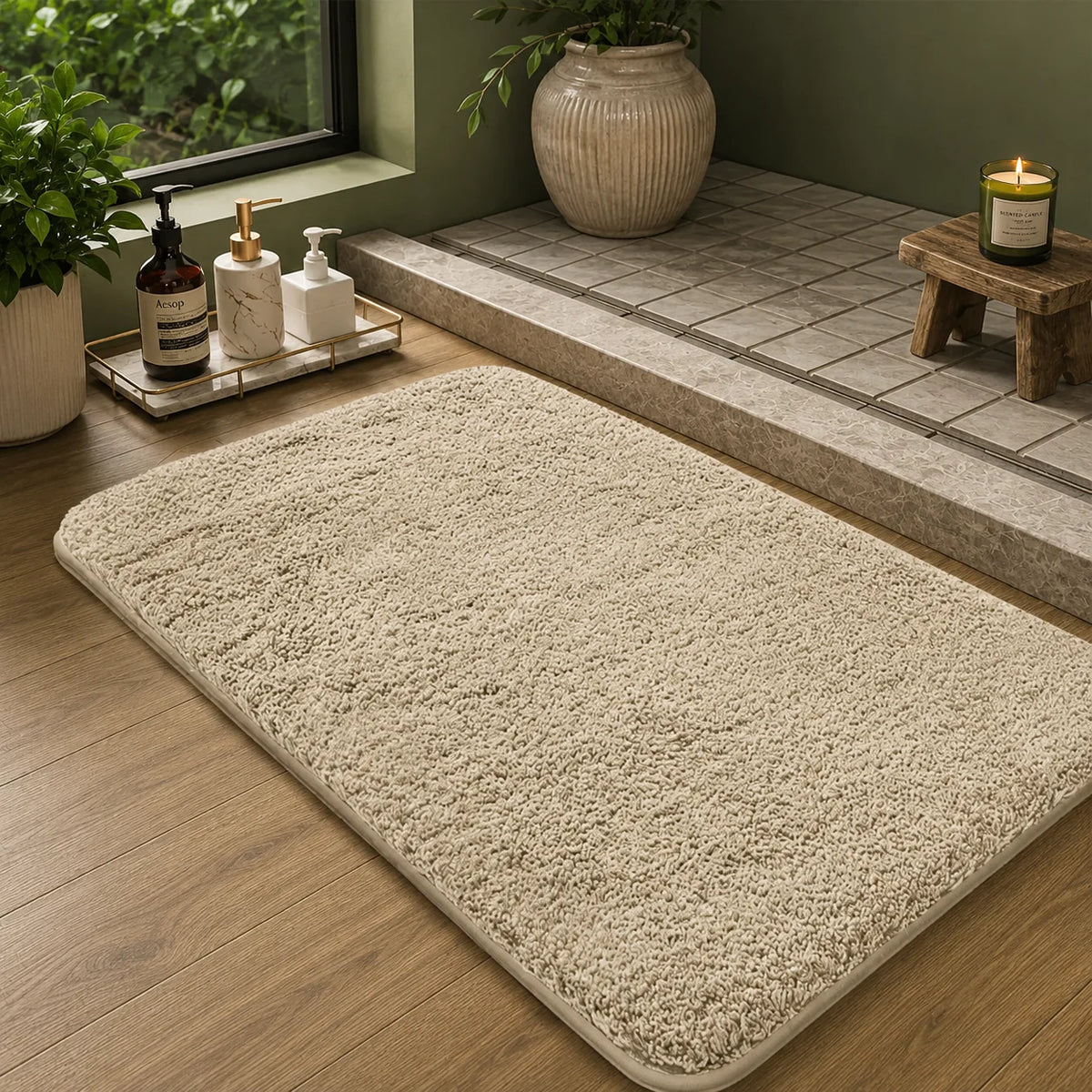 Bath Mat Plush Long-Pile Polyester Non-Slip Machine Washable