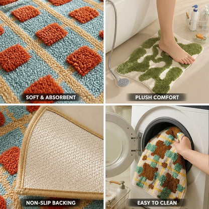 Bath Mat Retro Check Cotton Tufted Non-Slip