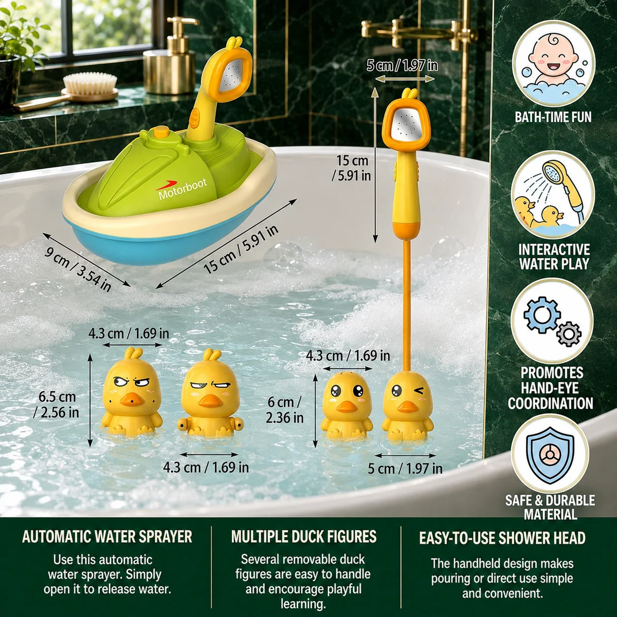 Bath Toy Set Battery-Operated Shower Head & Squirting Ducks