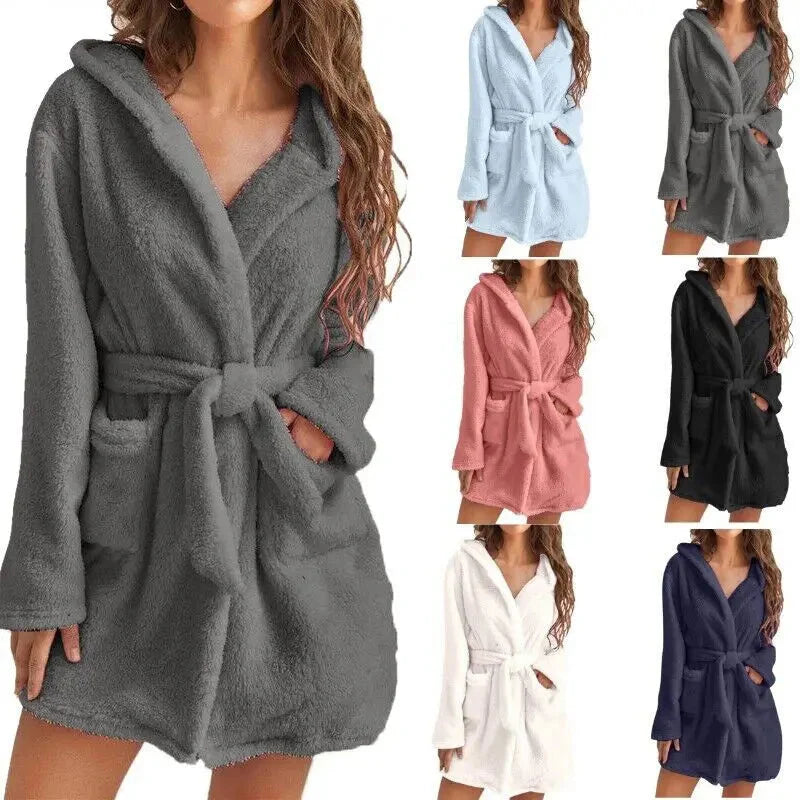 Bathrobe Fleece Hood & Deep Pockets Adjustable Waist