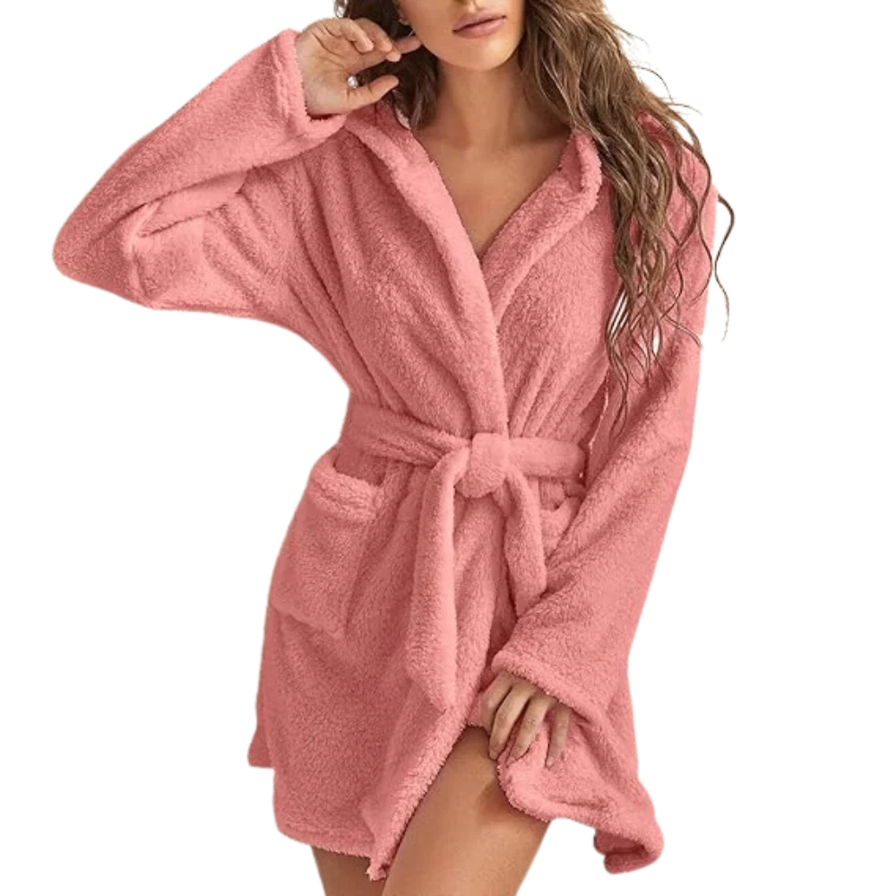 Bathrobe Fleece Hood & Deep Pockets Adjustable Waist