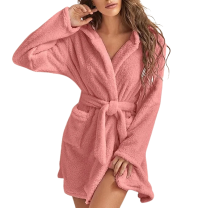 Bathrobe Fleece Hood & Deep Pockets Adjustable Waist