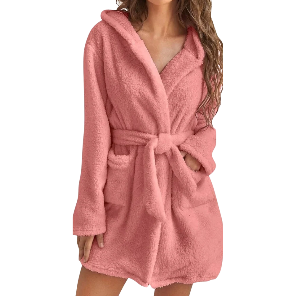 Bathrobe Fleece Hood & Deep Pockets Adjustable Waist