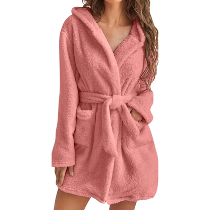 Bathrobe Fleece Hood & Deep Pockets Adjustable Waist