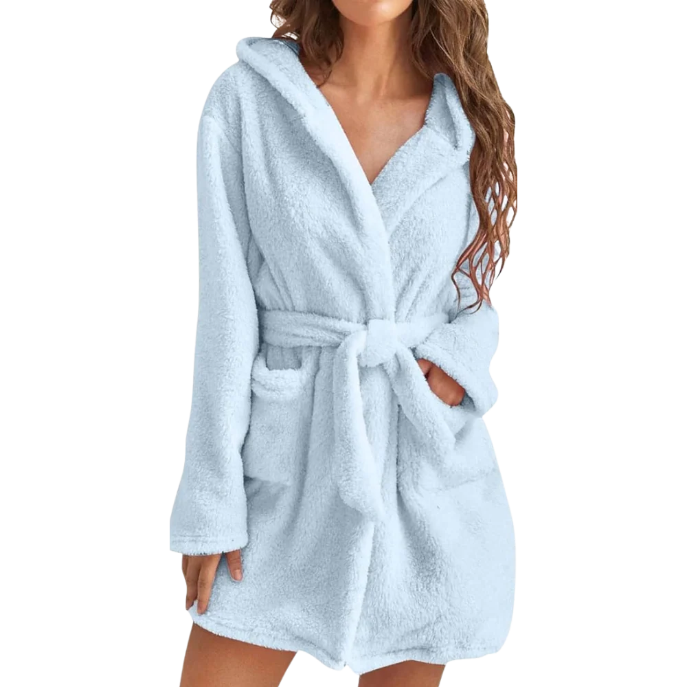 Bathrobe Fleece Hood & Deep Pockets Adjustable Waist