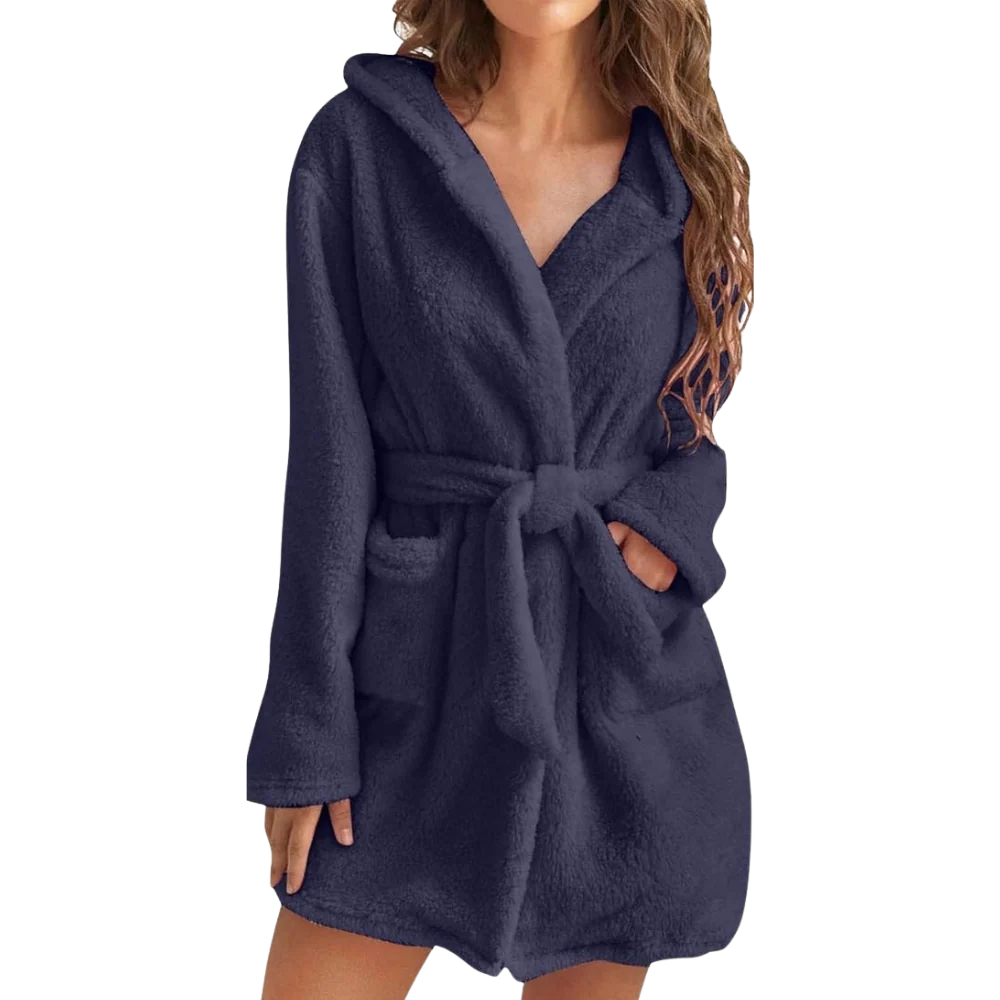 Bathrobe Fleece Hood & Deep Pockets Adjustable Waist