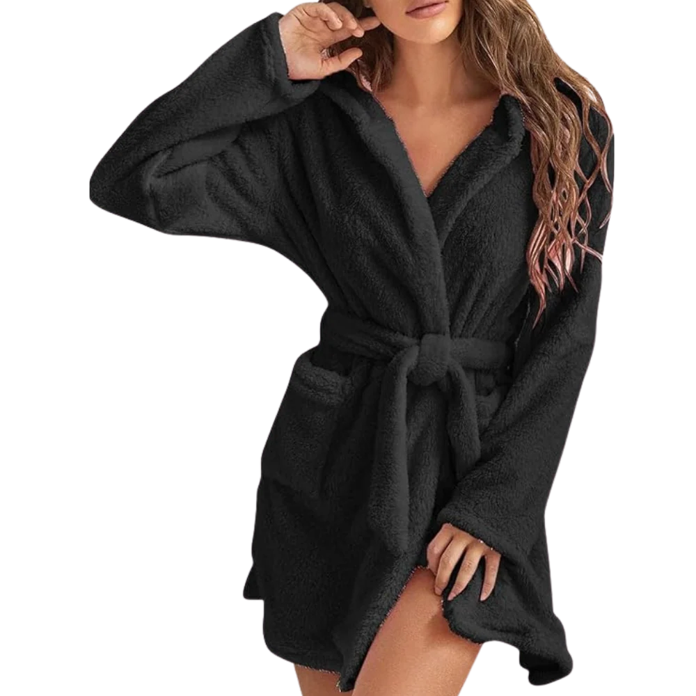 Bathrobe Fleece Hood & Deep Pockets Adjustable Waist
