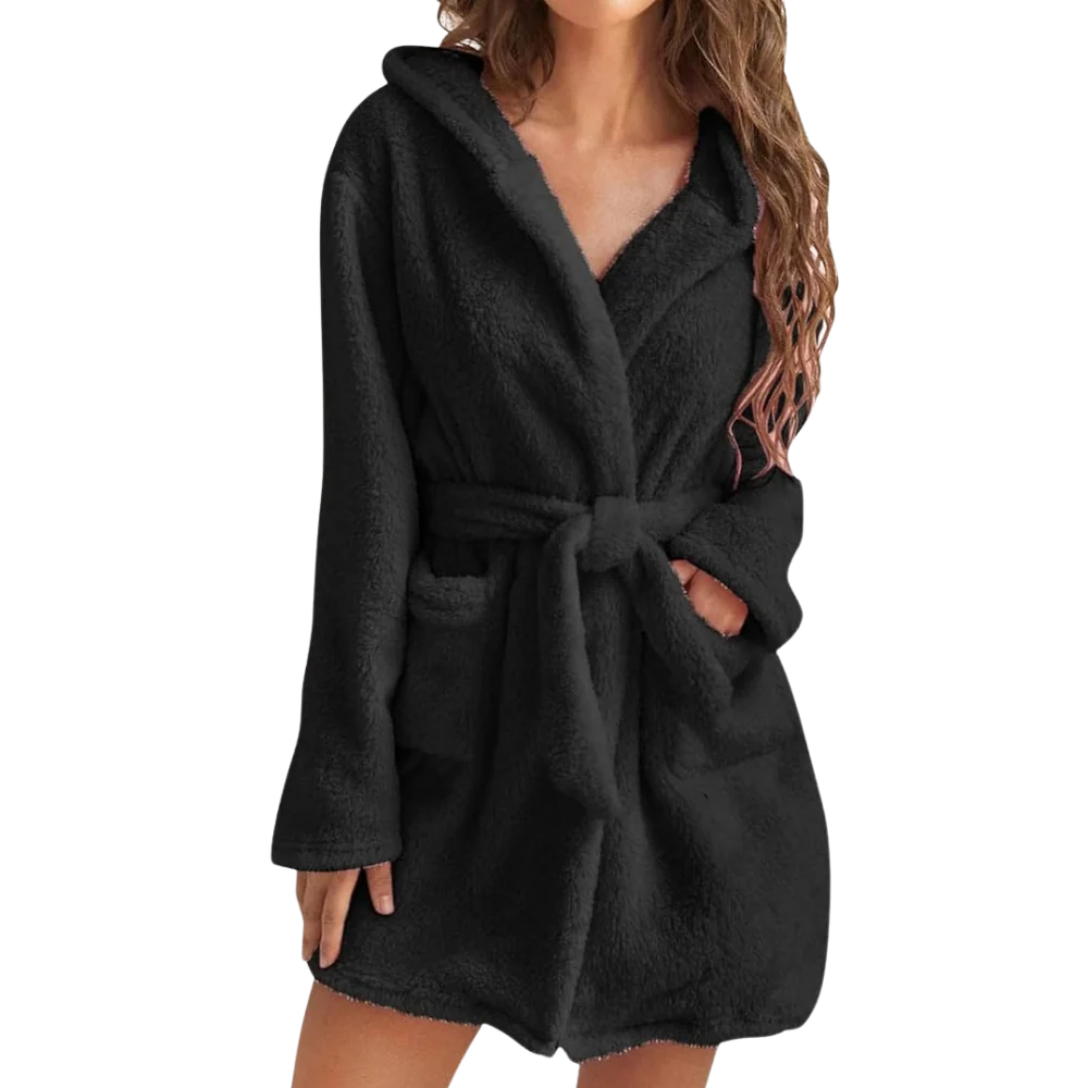 Bathrobe Fleece Hood & Deep Pockets Adjustable Waist