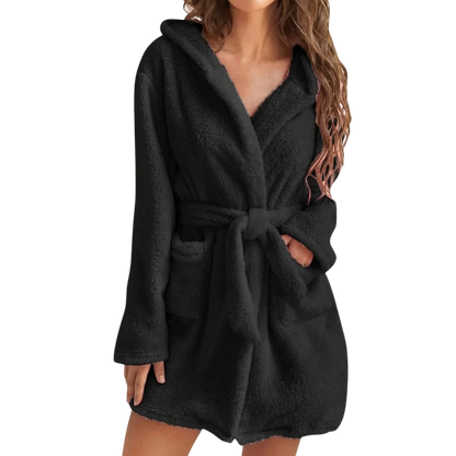 Bathrobe Fleece Hood & Deep Pockets Adjustable Waist