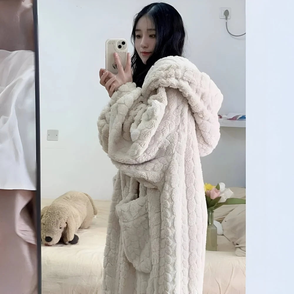 Bathrobe Soft Hooded Long Sleeve With Pockets