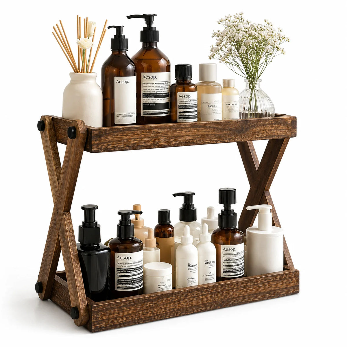 Bathroom Vanity Organizer Two-Tier X-Frame Solid Hardwood