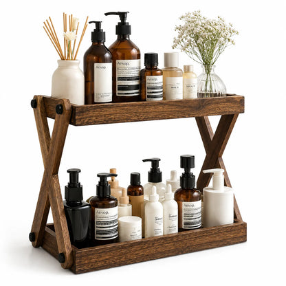 Bathroom Vanity Organizer Two-Tier X-Frame Solid Hardwood