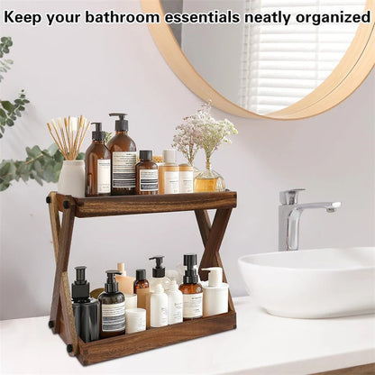 Bathroom Vanity Organizer Two-Tier X-Frame Solid Hardwood