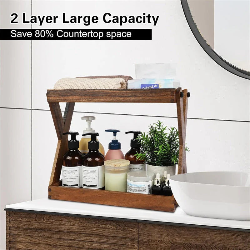 Bathroom Vanity Organizer Two-Tier X-Frame Solid Hardwood