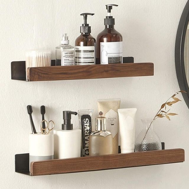 Bathroom Wall Shelf Solid Wood No-Drill Mounting & Moisture-Resistant