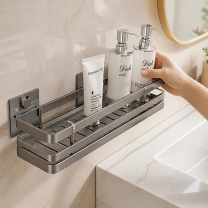 Bathroom Wall Shelf Stainless Steel No-Drill Double Guard Rails