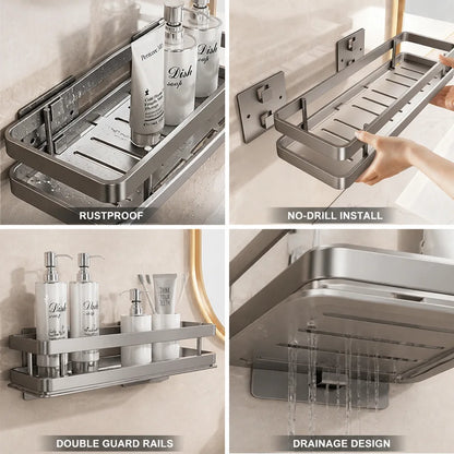 Bathroom Wall Shelf Stainless Steel No-Drill Double Guard Rails