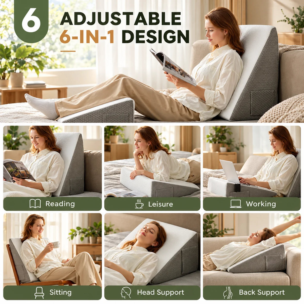 Bed Wedge Pillow Gel-Infused Memory Foam & Non-Slip Base