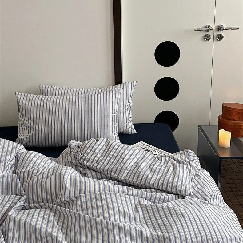 Bedding Set 4-Piece Cotton-Linen Blend Breathable Striped