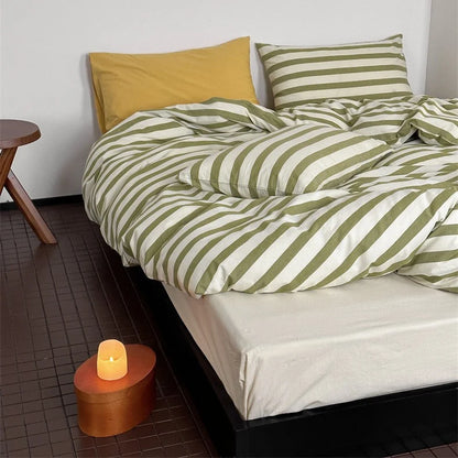 Bedding Set 4-Piece Cotton-Linen Blend Breathable Striped