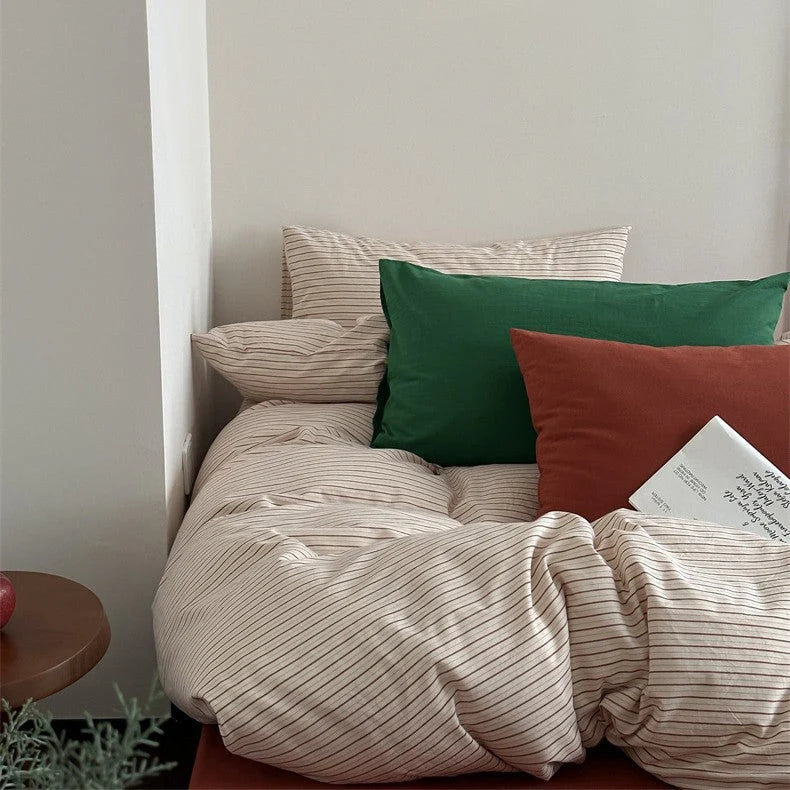 Bedding Set 4-Piece Cotton-Linen Blend Breathable Striped