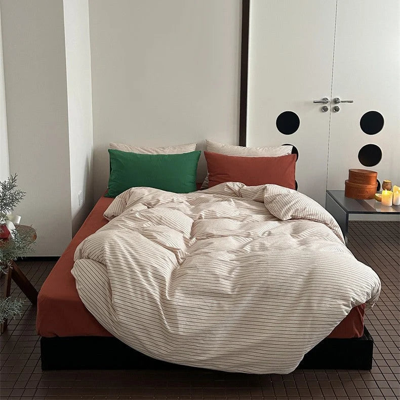 Bedding Set 4-Piece Cotton-Linen Blend Breathable Striped
