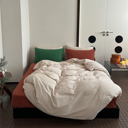 Bedding Set 4-Piece Cotton-Linen Blend Breathable Striped
