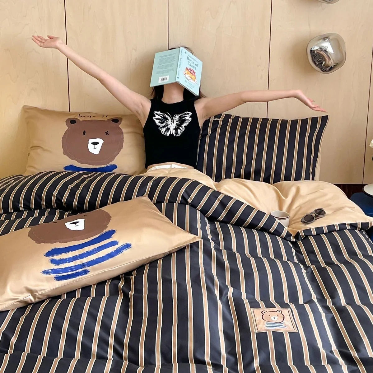 Bedding Set Cotton Striped Bear Print 4-Piece