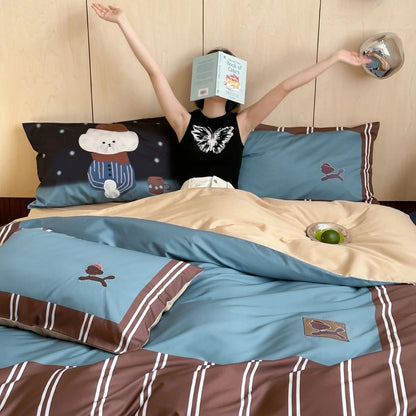Bedding Set Cotton Striped Bear Print 4-Piece