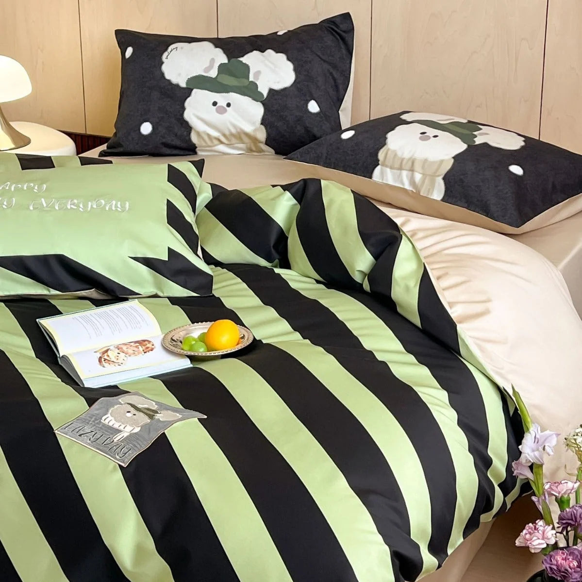 Bedding Set Cotton Striped Bear Print 4-Piece