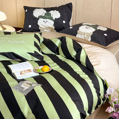 Bedding Set Cotton Striped Bear Print 4-Piece