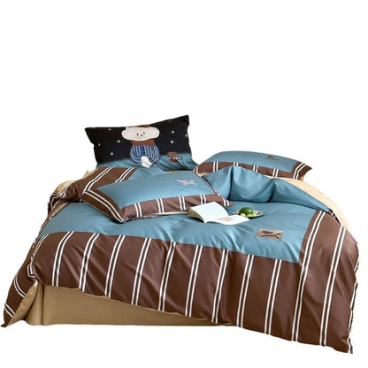 Bedding Set Cotton Striped Bear Print 4-Piece