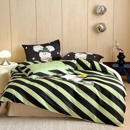 Bedding Set Cotton Striped Bear Print 4-Piece