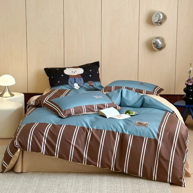 Bedding Set Cotton Striped Bear Print 4-Piece