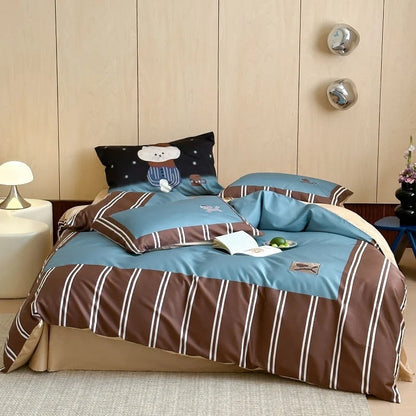 Bedding Set Cotton Striped Bear Print 4-Piece