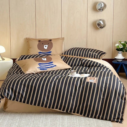 Bedding Set Cotton Striped Bear Print 4-Piece