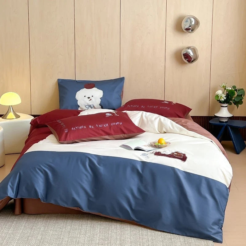Bedding Set Cotton Striped Bear Print 4-Piece