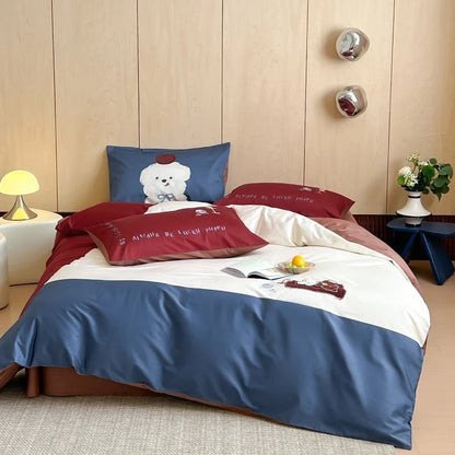 Bedding Set Cotton Striped Bear Print 4-Piece
