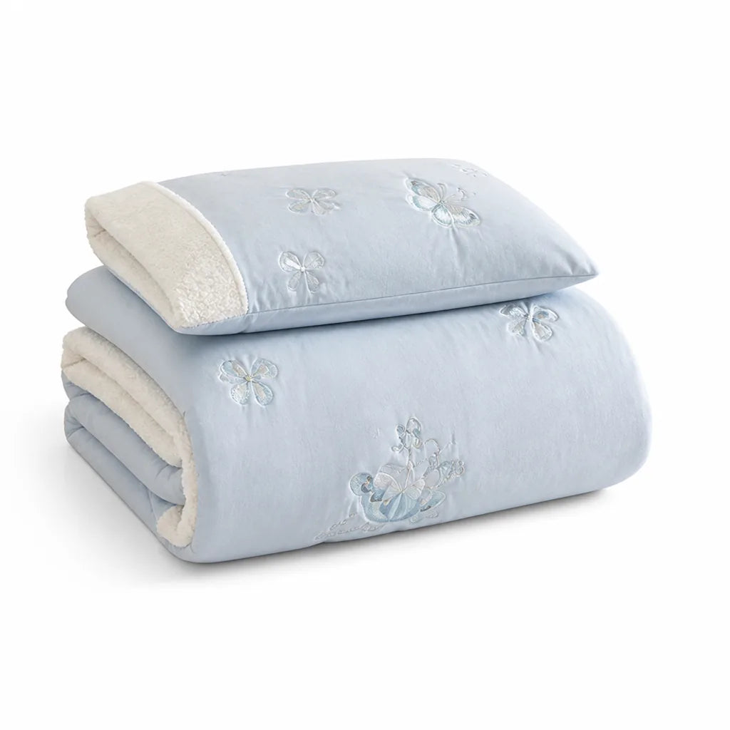 Bedding Set Embroidered Butterflies Teddy Fleece Trim
