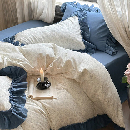 Bedding Set Floral Pattern Ruffled Hem 4-Piece Set