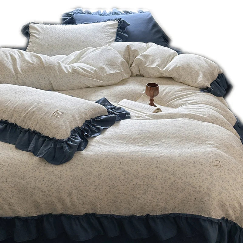Bedding Set Floral Pattern Ruffled Hem 4-Piece Set