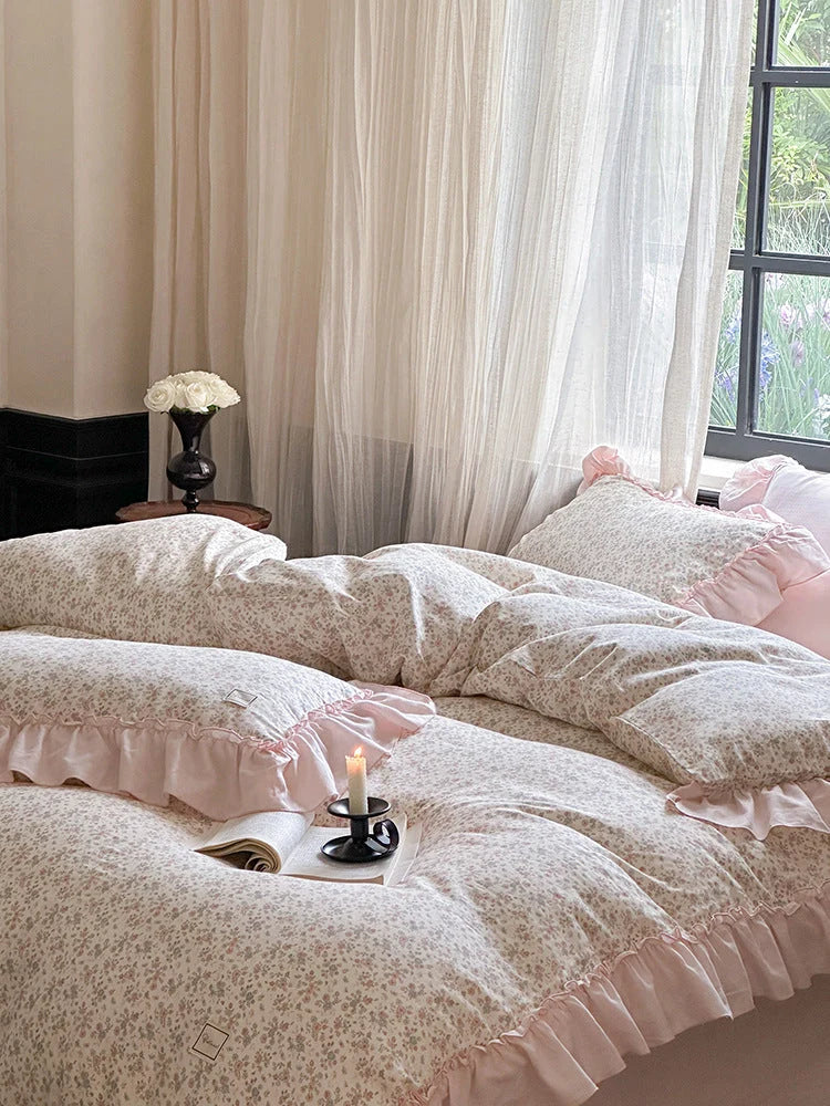 Bedding Set Floral Pattern Ruffled Hem 4-Piece Set