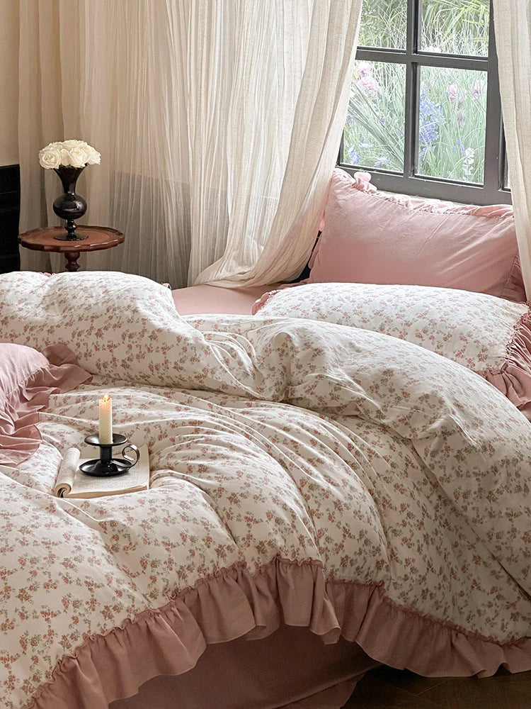 Bedding Set Floral Pattern Ruffled Hem 4-Piece Set