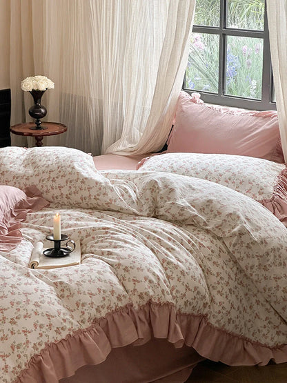 Bedding Set Floral Pattern Ruffled Hem 4-Piece Set