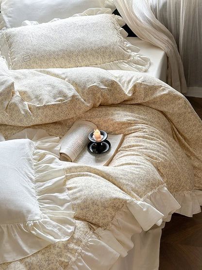 Bedding Set Floral Pattern Ruffled Hem 4-Piece Set