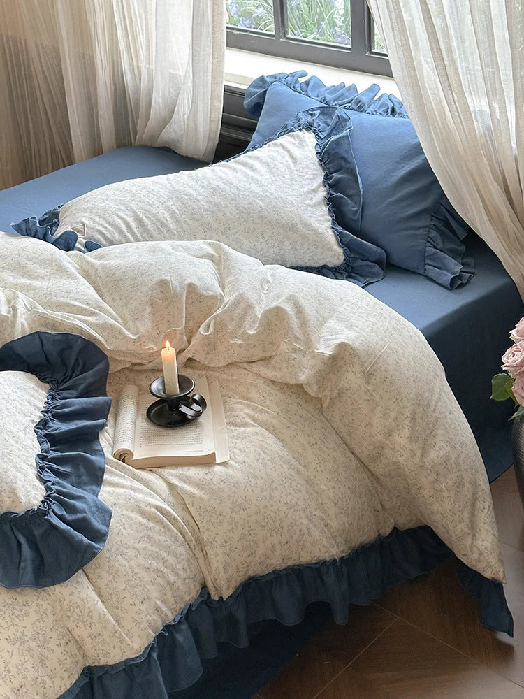 Bedding Set Floral Pattern Ruffled Hem 4-Piece Set