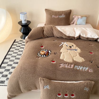 Bedding Set Teddy Fleece Reversible Embroidered Floral 4-Piece